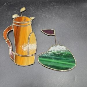 Set of 2 Golf Themed Stained Glass Sun Catchers Golf Bag Clubs Hole In One